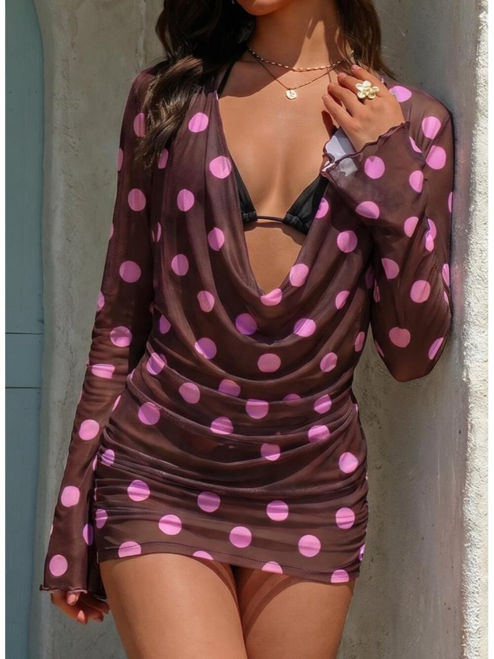 Women Chocolate Pink Draped Neck Tie Waist Ruffle Flare Print Swim Suit Cover Up - Picture 2 of 6